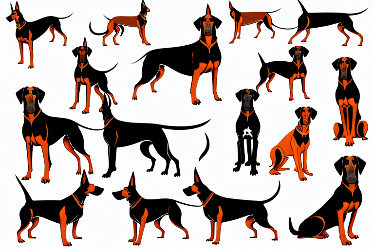 Several distinct types of doberman dogs in various poses