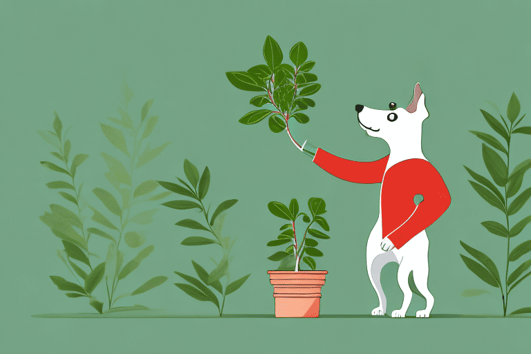 A curious dog sniffing a plant of ashwagandha