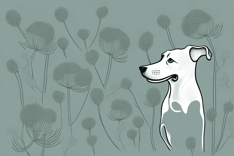 A curious dog sniffing at a burdock plant with its root visible in the ground