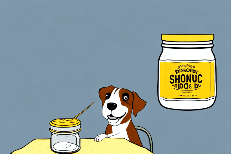 A curious dog sniffing a jar of honey mustard on a kitchen table