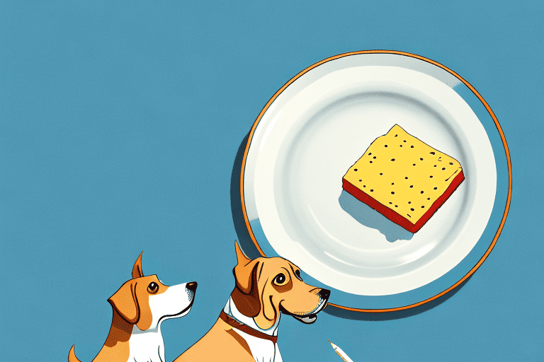 A dog sitting in front of a plate with a single slice of kraft cheese