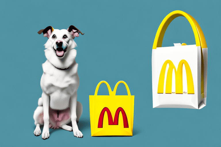 A curious dog sitting in front of a mcdonald's bag with chicken nuggets peeking out