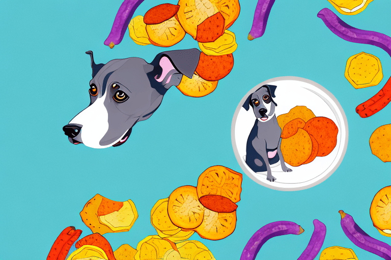 A curious dog sniffing a bowl of colorful veggie chips