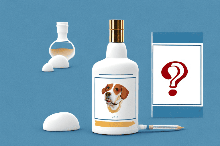 A curious dog sitting next to a small bottle of castor oil