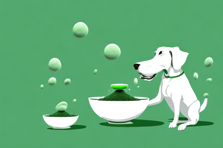 A curious dog sniffing a bowl of green chlorella tablets