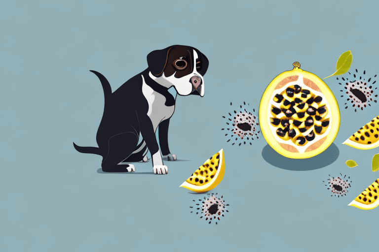 A curious dog sniffing a cut-open passion fruit with its vibrant seeds visible