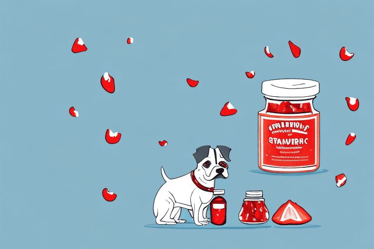 A curious dog sitting in front of a jar of strawberry jam