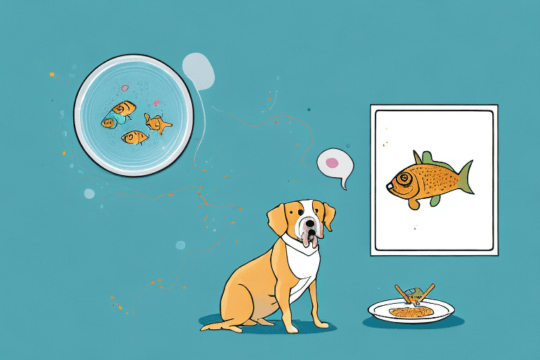 A curious dog sitting next to a plate of fish sticks