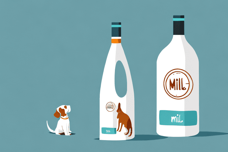 A curious dog looking at a bottle of milk