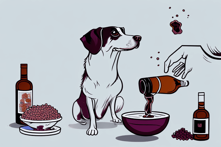 A curious dog sniffing a bottle of red wine vinegar placed on a table