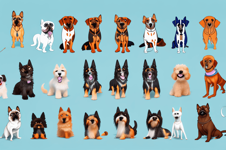 Various types of dog breeds in different poses and sizes