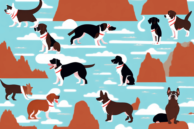 A variety of different dog breeds happily frolicking in a landscape that features utah's iconic red rock formations and great salt lake