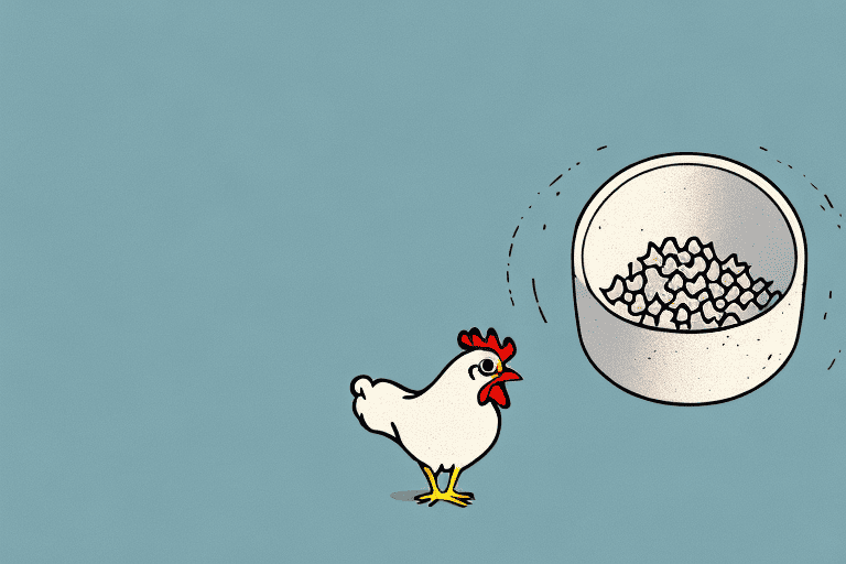 A curious chicken pecking at a bowl of dog food