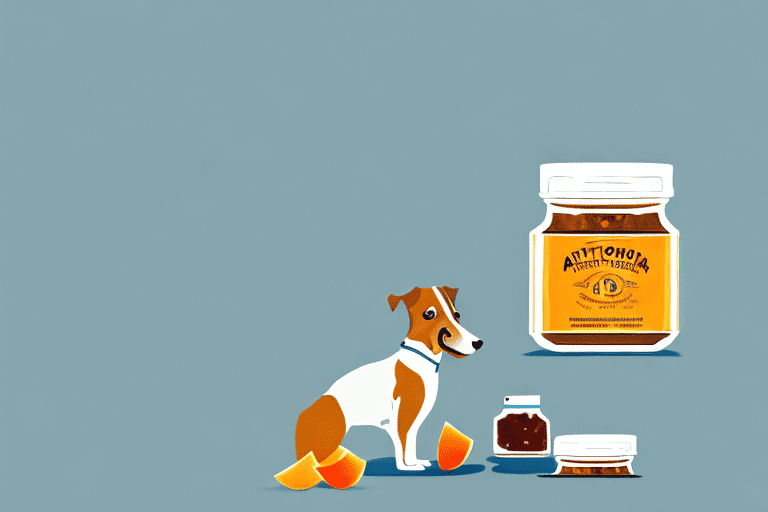 A curious dog sniffing a jar of apricot jam on a kitchen table