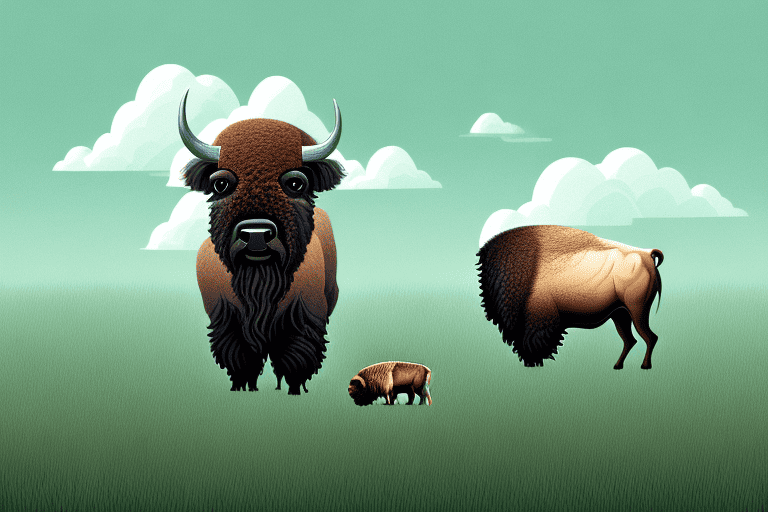 A curious dog looking at a bison in a field