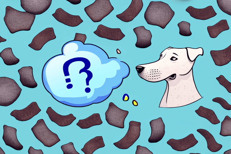 A curious dog sniffing a pile of blue corn chips