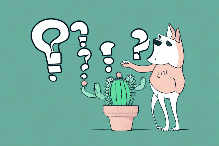 A curious dog sniffing a potted cactus with a thought bubble depicting a question mark