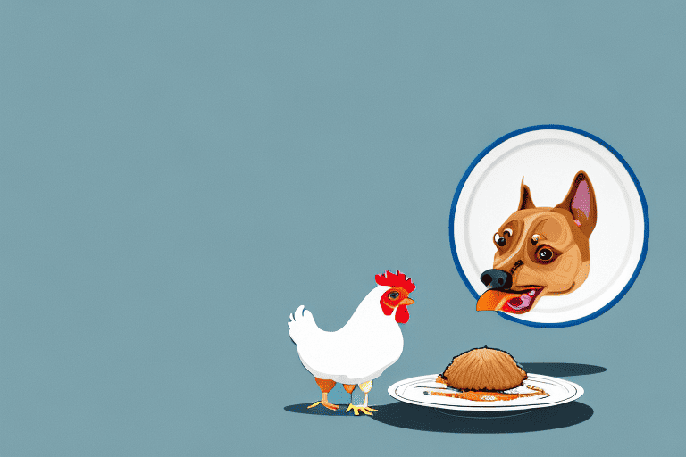 A curious dog looking at a chicken neck placed on a plate