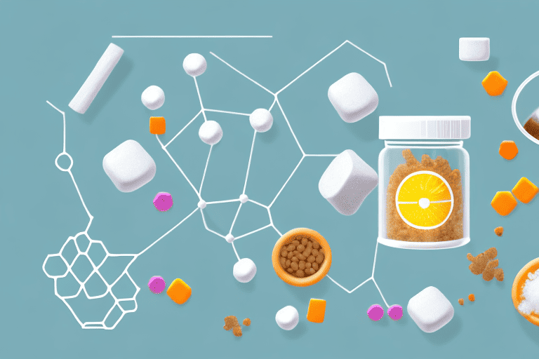 A curious dog sniffing a sugar cube labeled with a dextrose molecule structure