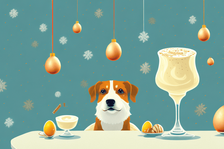 A curious dog sitting next to a glass of eggnog on a festive holiday table