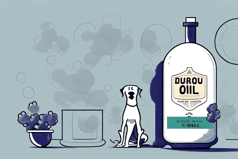 A curious dog looking at a bottle of grape seed oil on a kitchen table