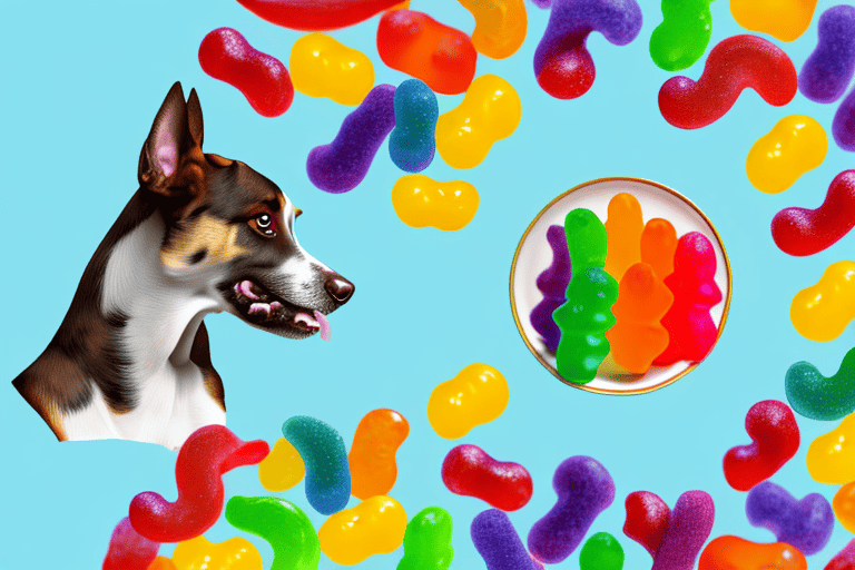 A curious dog looking at a pile of colorful gummy worms on a plate