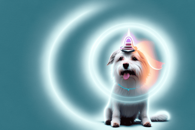 A playful dog with a glowing halo above its head