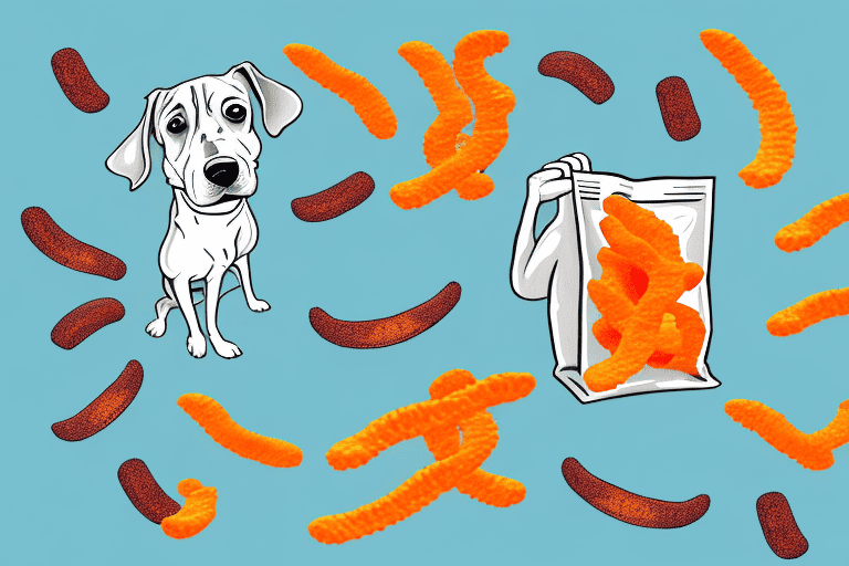 A curious dog sniffing a bag of hot cheetos on a kitchen counter