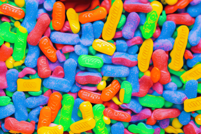 A curious dog sniffing a pile of colorful jolly rancher candies