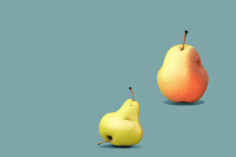 A curious dog sitting in front of a pile of korean pears