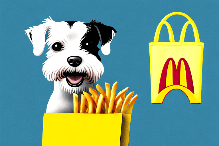 A curious dog sitting in front of a mcdonald's bag with a few french fries peeking out