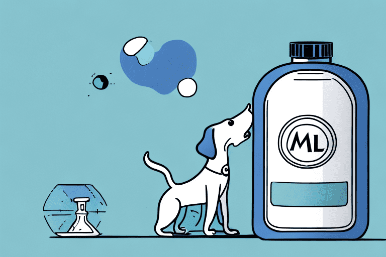 A curious dog looking at a bottle of natrol melatonin placed on a table