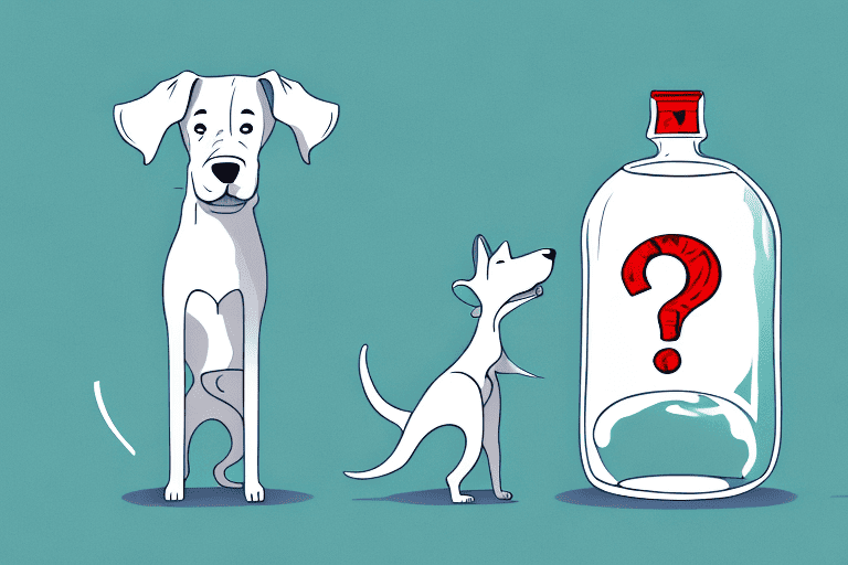 A curious dog sniffing a glass bottle filled with onion juice concentrate