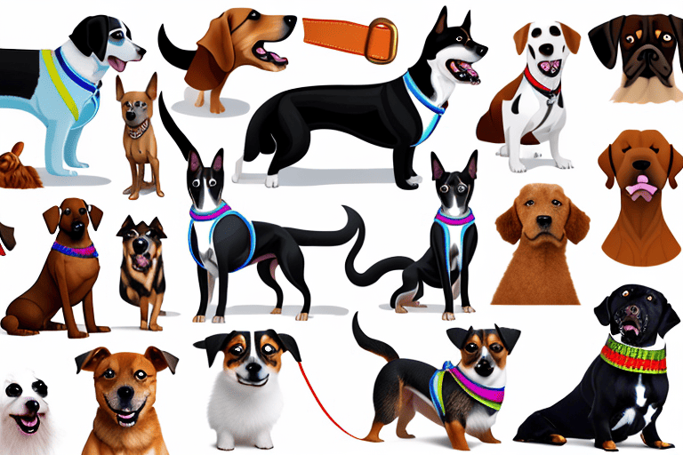 Various types of dog collars and harnesses