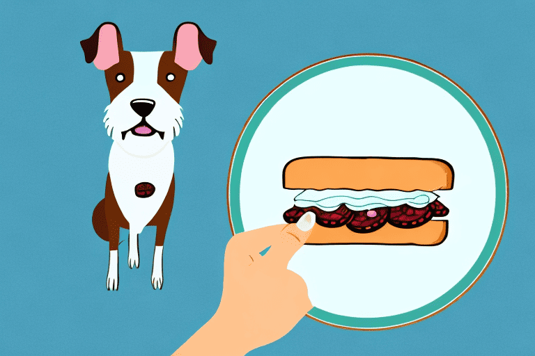 A curious dog looking at a pb and j sandwich on a plate