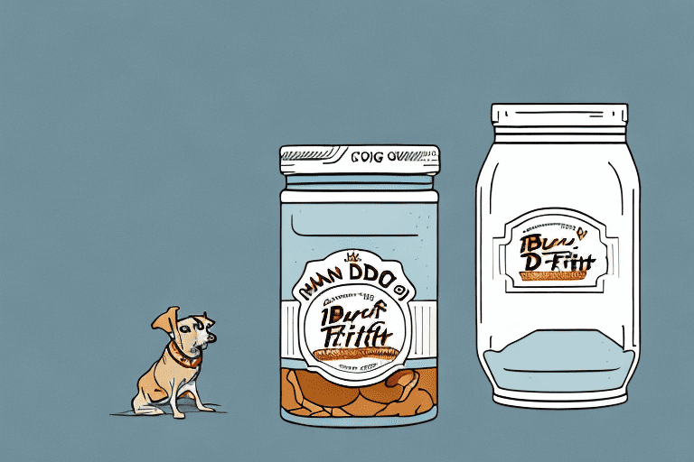 A curious dog looking at a jar of pb fit on a kitchen counter