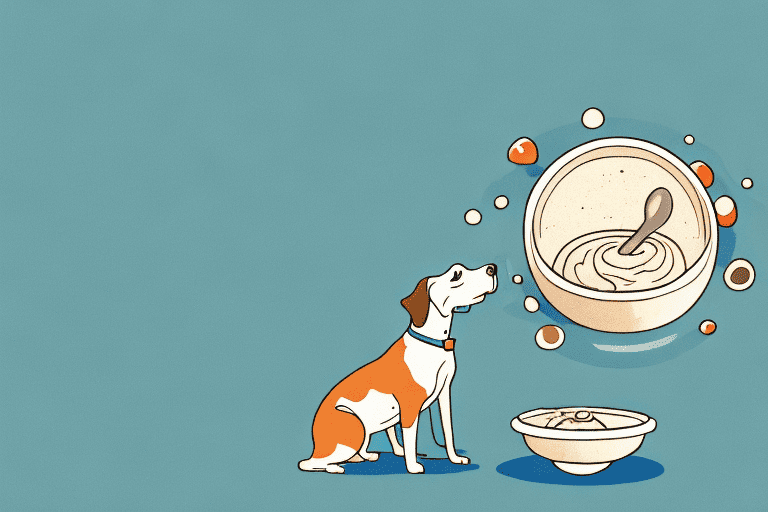 A curious dog sitting next to a bowl of pudding