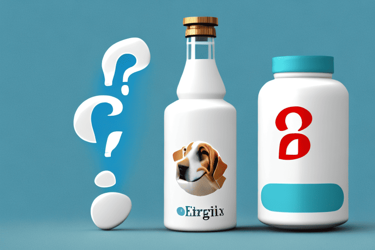 A concerned dog sitting next to a bottle of seroquel pills