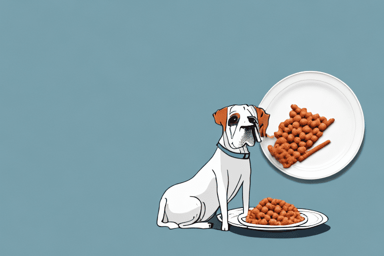 A curious dog sitting in front of a plate with vienna sausages