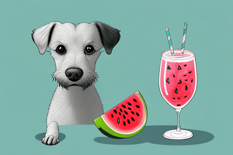 A curious dog looking at a glass of watermelon juice placed next to a slice of watermelon