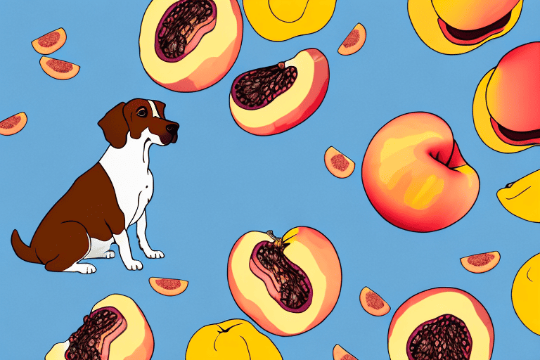 A curious dog sitting next to a pile of whole and sliced nectarines