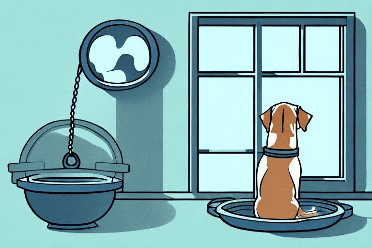 A dog looking longingly out of a window with a leash and dog bowl nearby