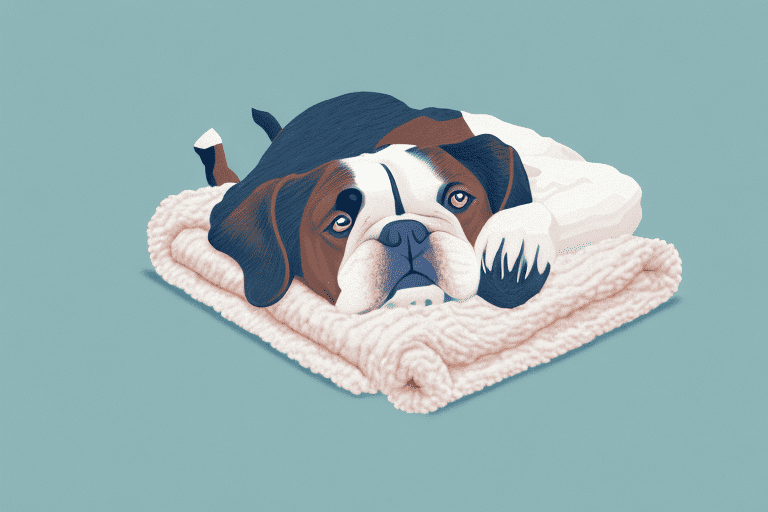 A calm and content dog lying under a cozy anxiety blanket in a comfortable home setting