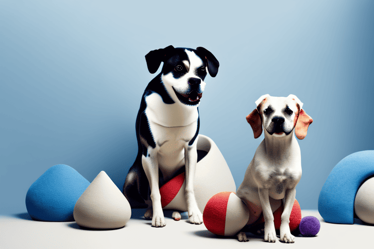 An adopted dog sitting on a comfortable pet bed with various dog toys around