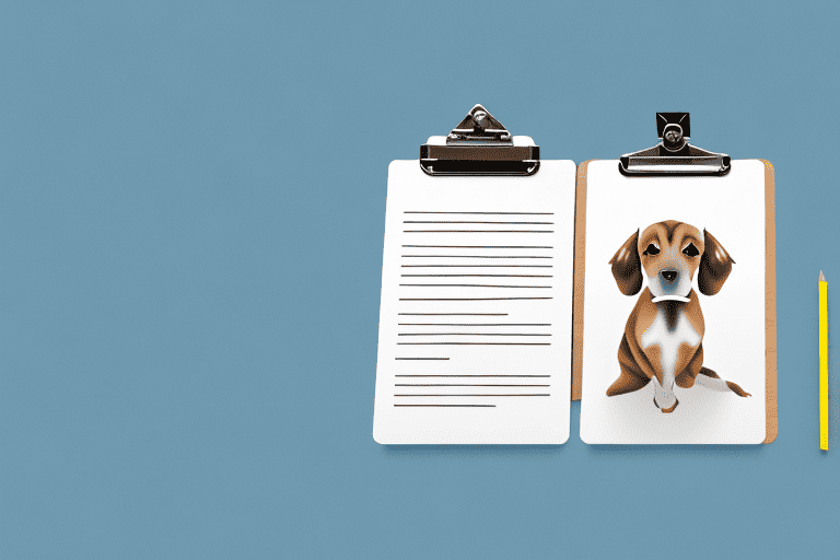 A worried-looking dog sitting next to a clipboard with a pencil