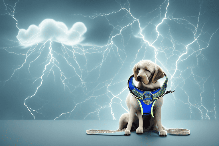 A service dog sitting calmly with a leash around its neck