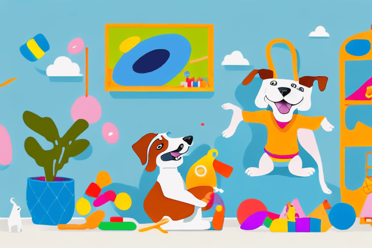 A dog happily playing with toys in a vibrant daycare setting