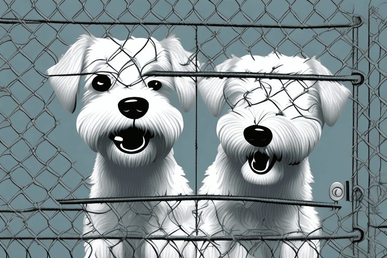 A worried-looking dog behind a physical barrier like a gate or fence