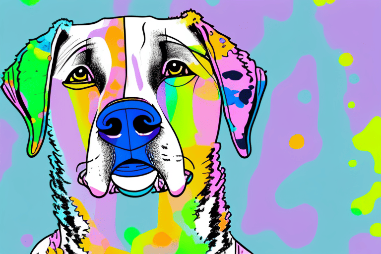 A calm dog with different colored spots on its body