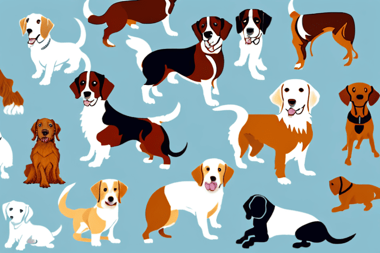 A calming scene featuring various breeds of dogs known for their soothing and therapeutic qualities